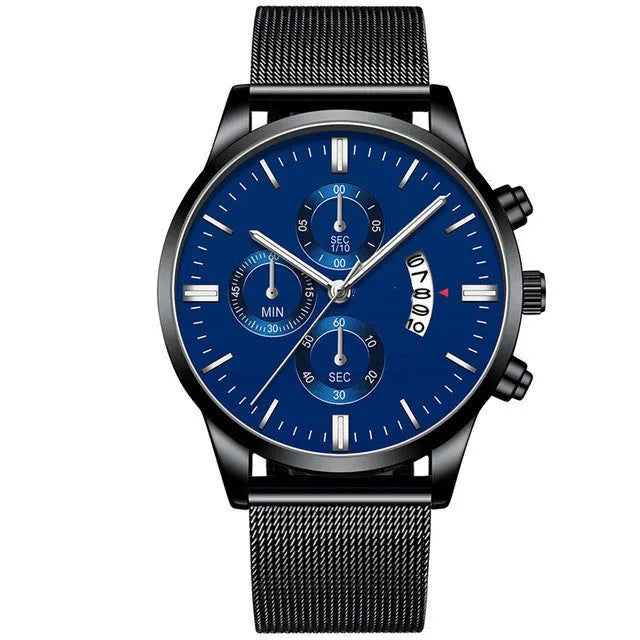 Men's stainless steel mesh band quartz watch with analog display and decorative sub-dial.