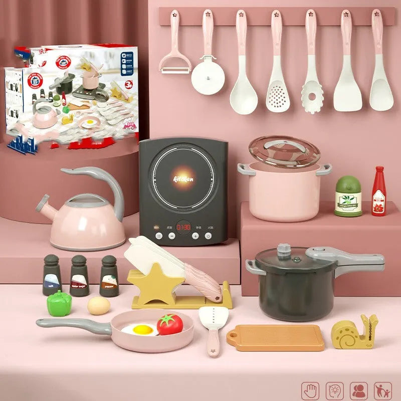 31-piece simulation induction cooker toy kitchen set for children aged 4-6, red or blue plastic playset with light and sound effects