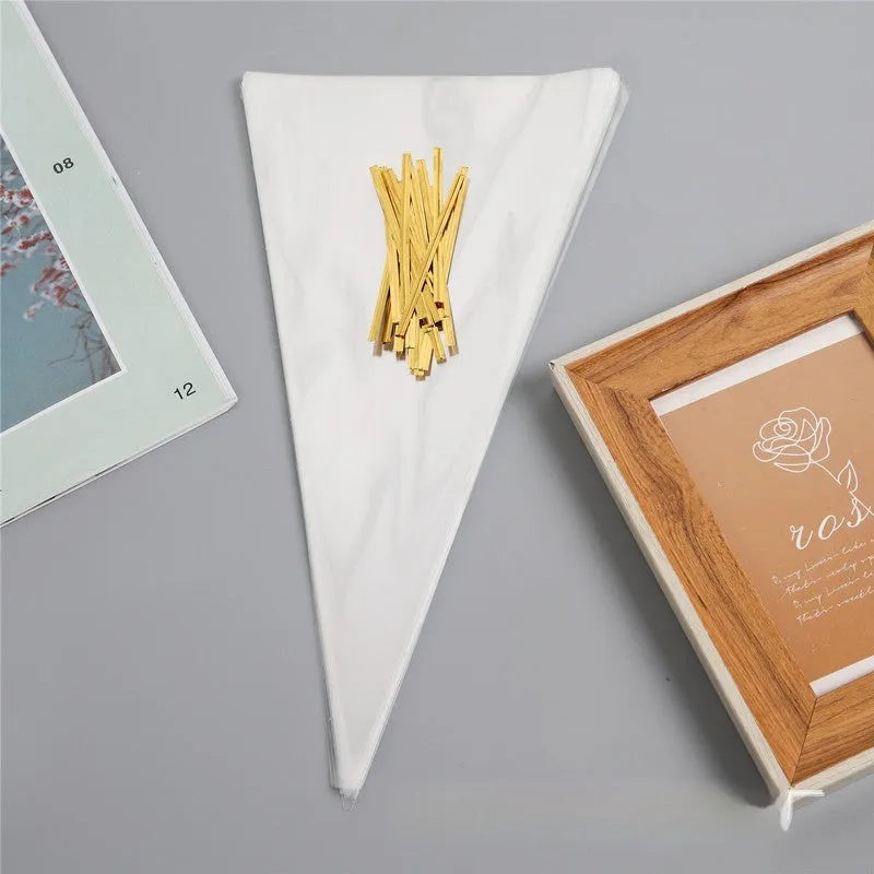 Triangle clear plastic packaging bags with metal wire ties in three different sizes