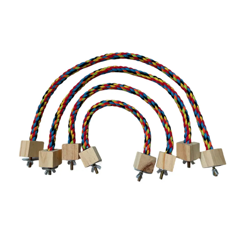 Parrot climbing rope toy with wooden rings in 30cm size, natural wood and rope construction, dark floral pattern