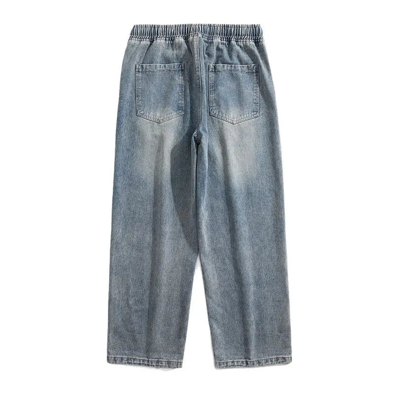Blue Hong Kong style retro heavy wash distressed loose jeans with fleece lining and ankle banded cuffs