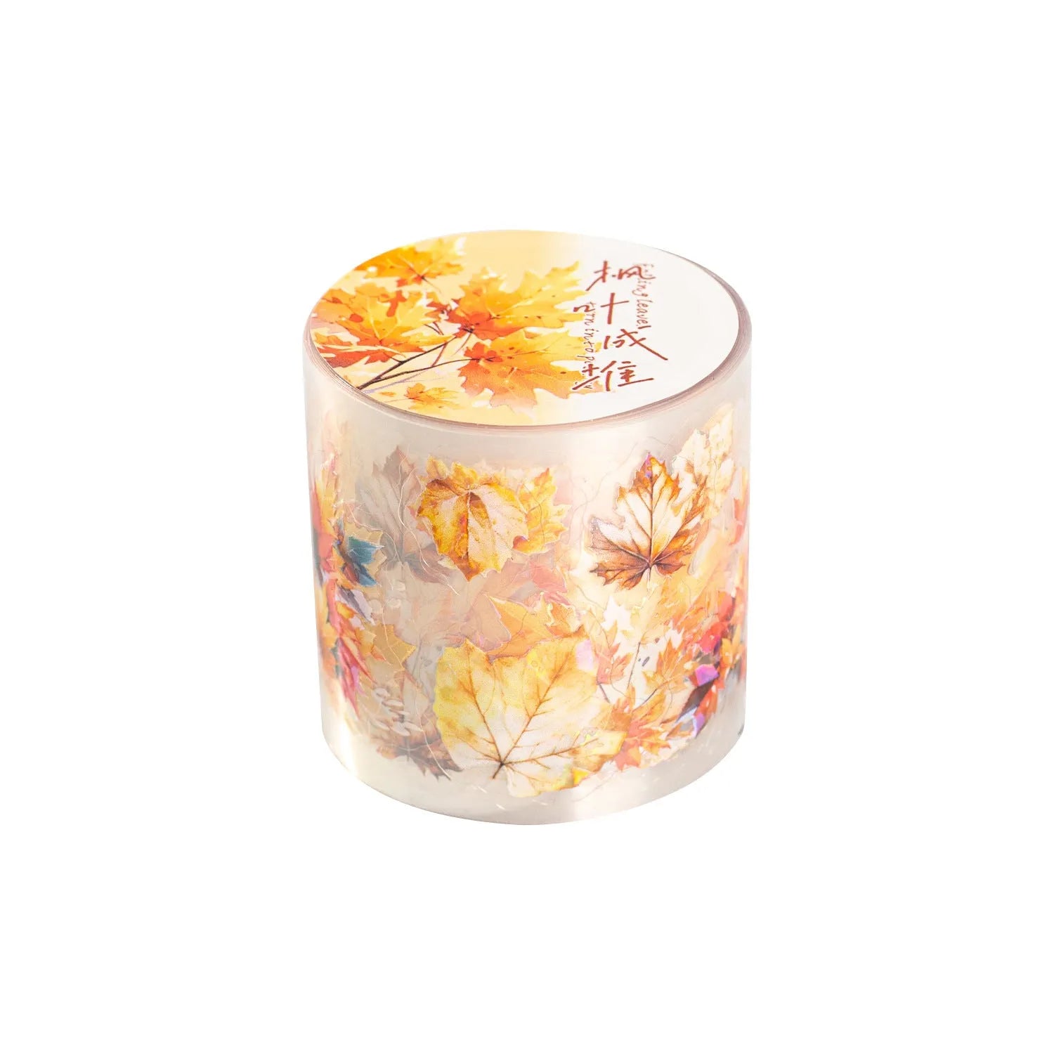 PET decorative sticker roll showing six leaf patterns including ginkgo and maple designs for craft projects