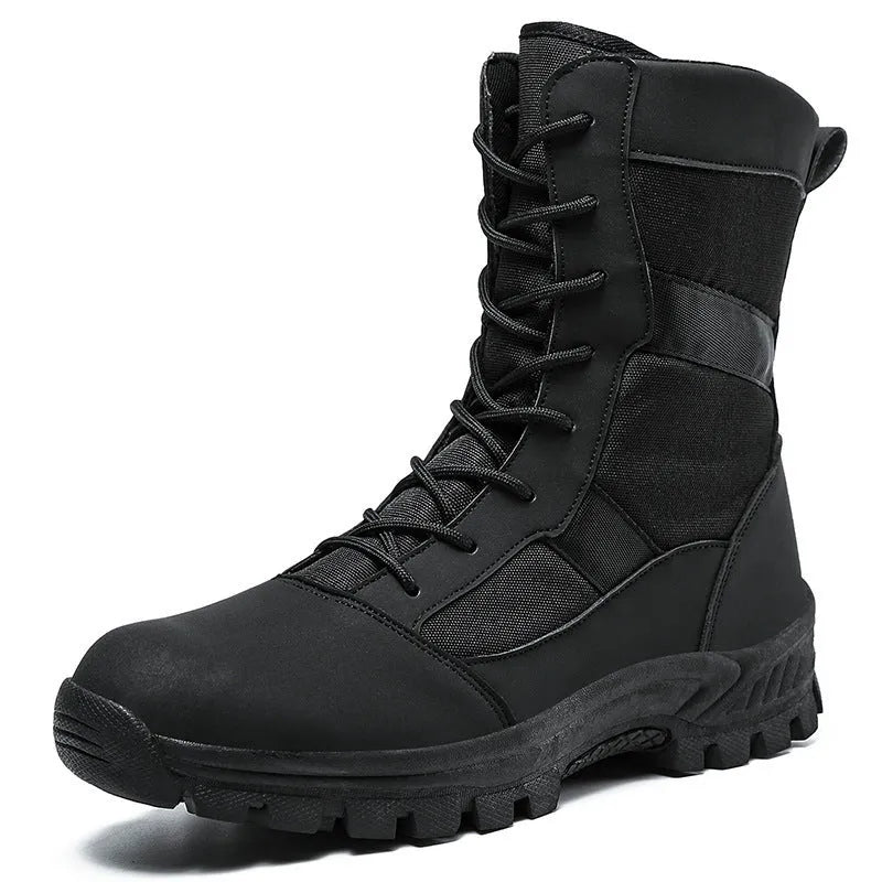 Men's black and camouflage mesh upper combat boots with totem detailing in high-top sports style