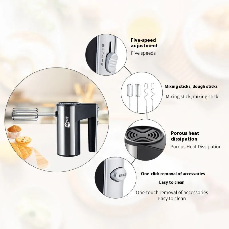 SL-25209 model silver and black 500W hand-held electric mixer with twin beaters on a kitchen worktop.