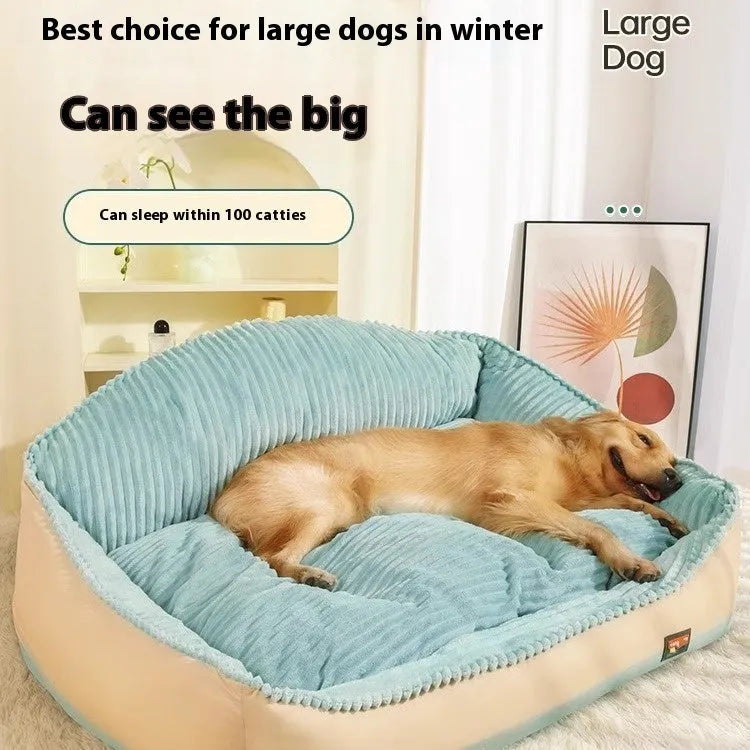 Morandi coloured removable washable dog house sofa bed for pets on a wooden floor.