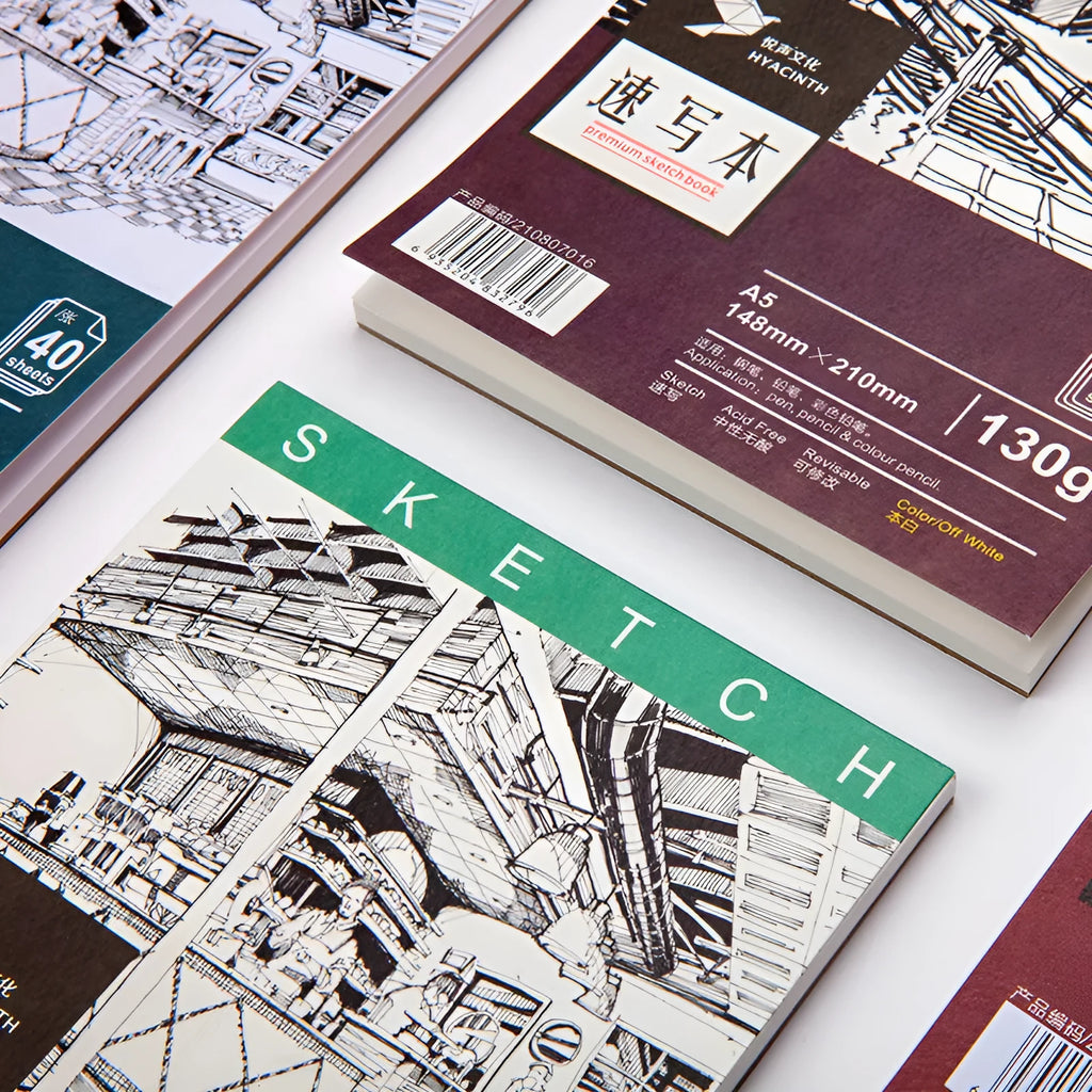 Blank A4 drawing sketch book showing coil binding and heavy-weight white paper for artwork.