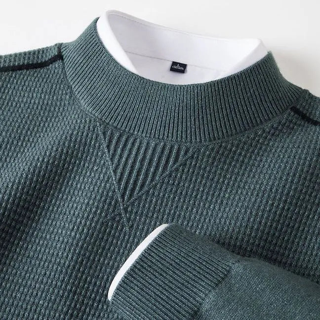 Men's wavy patterned pullover sweater in light green with stand collar and cotton lining