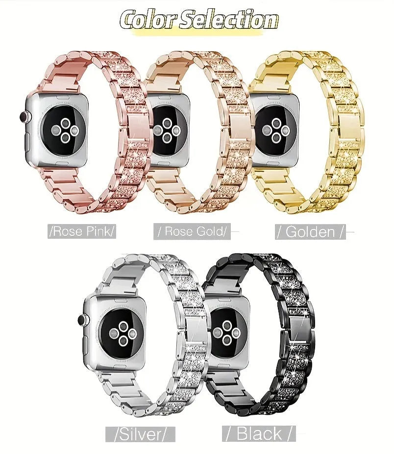 Metal diamond-encrusted watch band in stainless steel with shiny crystals on a black background