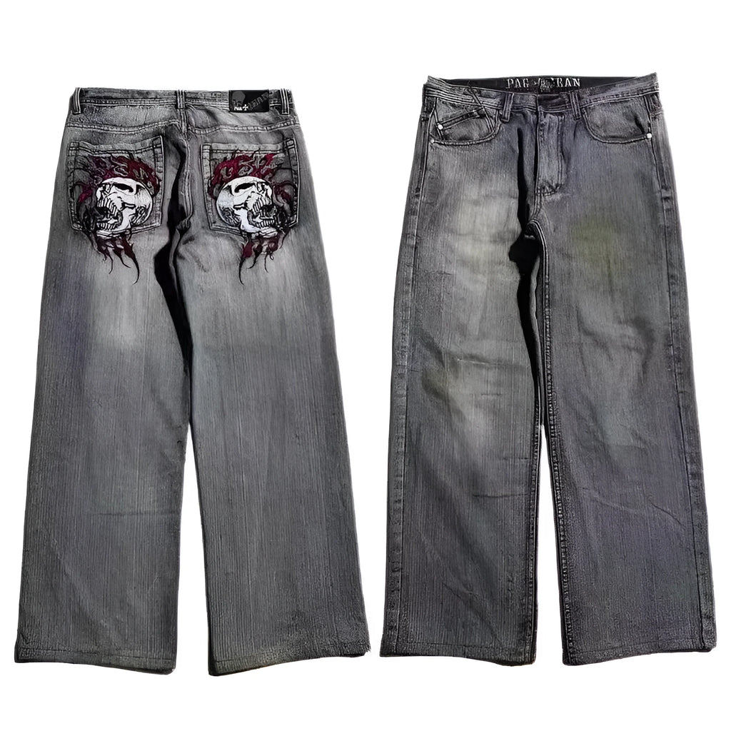 Men's grey washed-out wide-leg straight-cut jeans on a neutral background.
