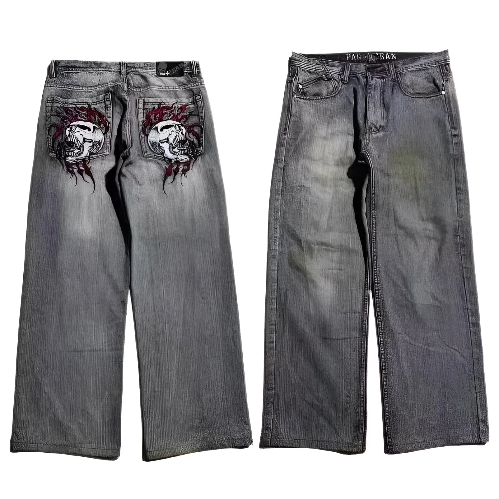 Men's grey washed-out wide-leg straight-cut jeans on a neutral background.