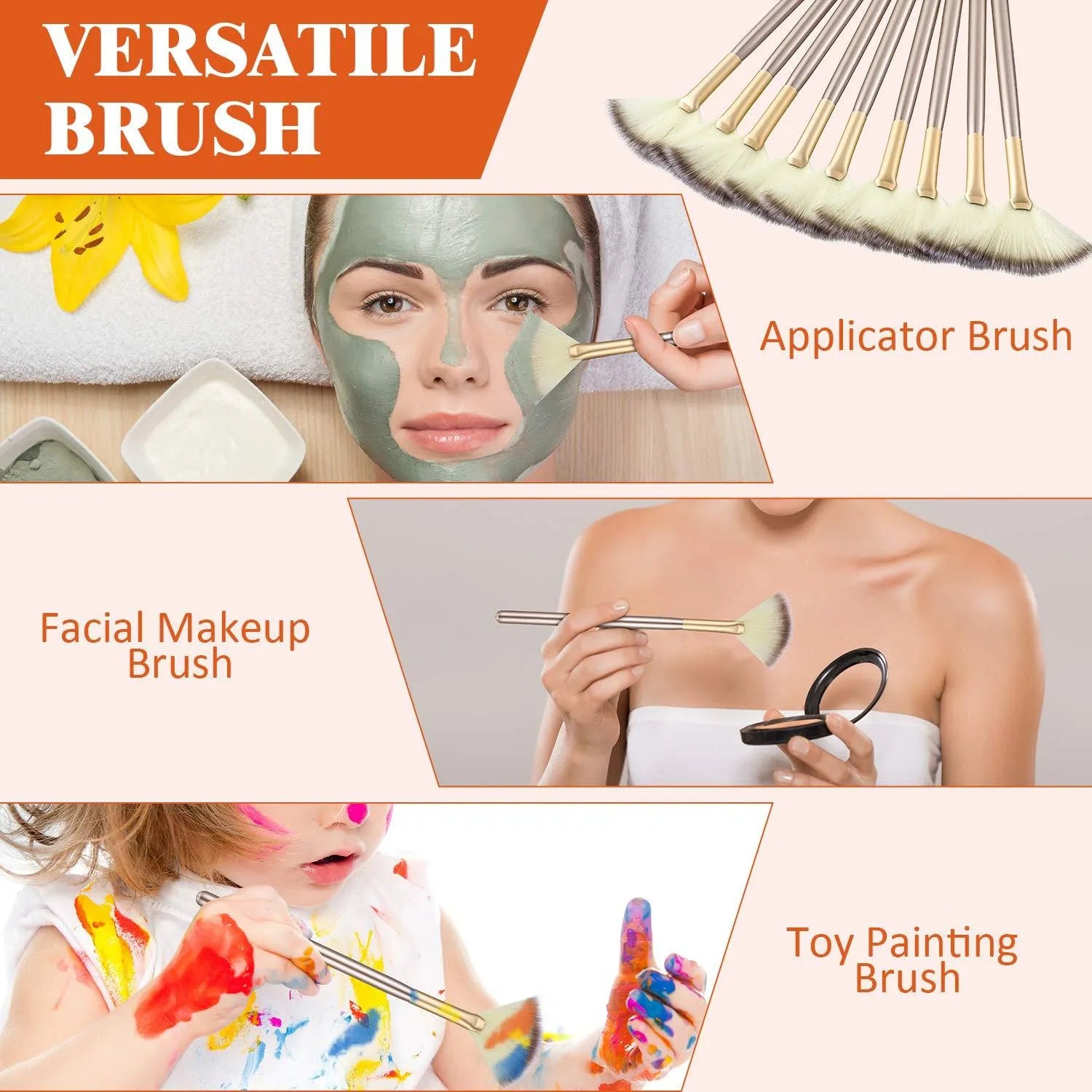 Ten champagne-coloured facial fan brushes with acrylic handles and protective covers