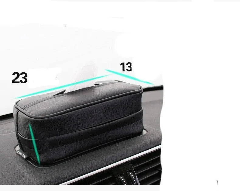 Black PU leather hanging storage box for car organisation, shown with dimensions.