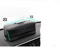 Black PU leather hanging storage box for car organisation, shown with dimensions.