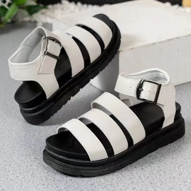 Black outdoor beach sandals with thick rubber sole and fish mouth toe holder design