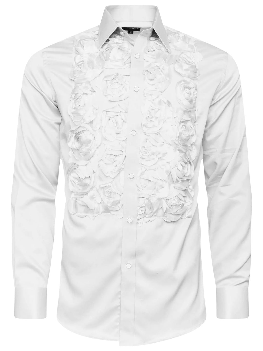 White polyester shirt with floral design, regular fit and regular-length top, shown in sizes S to 3XL.