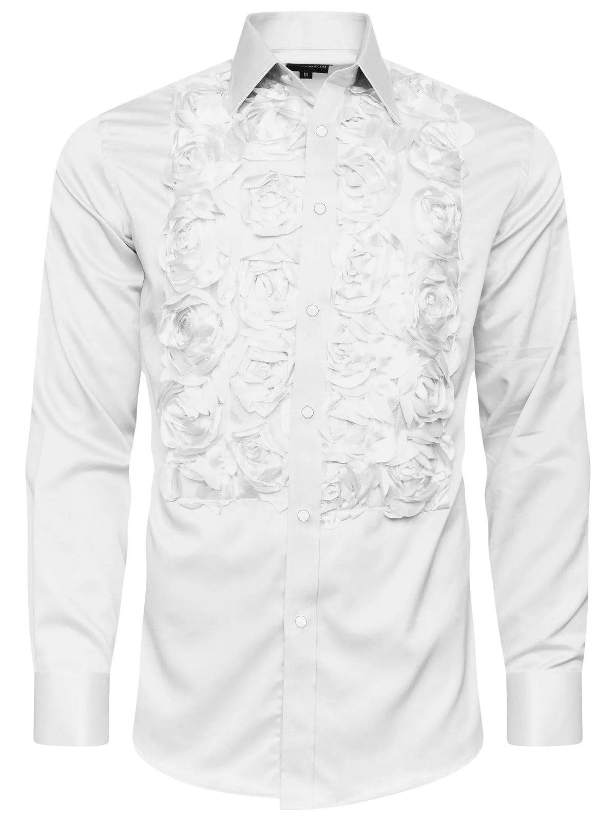 White polyester shirt with floral design, regular fit and regular-length top, shown in sizes S to 3XL.