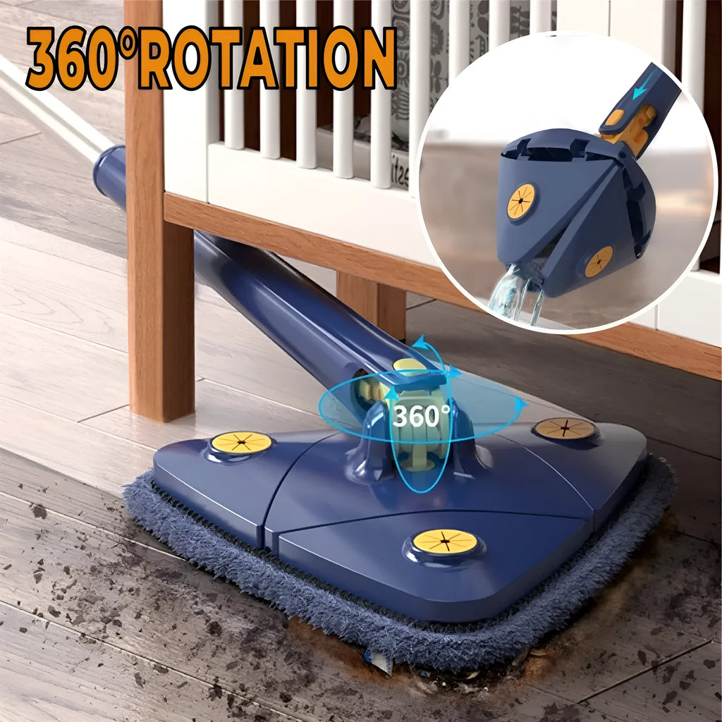 Blue extendable triangle mop with 360 rotating head and microfibre cloth for cleaning floors and walls