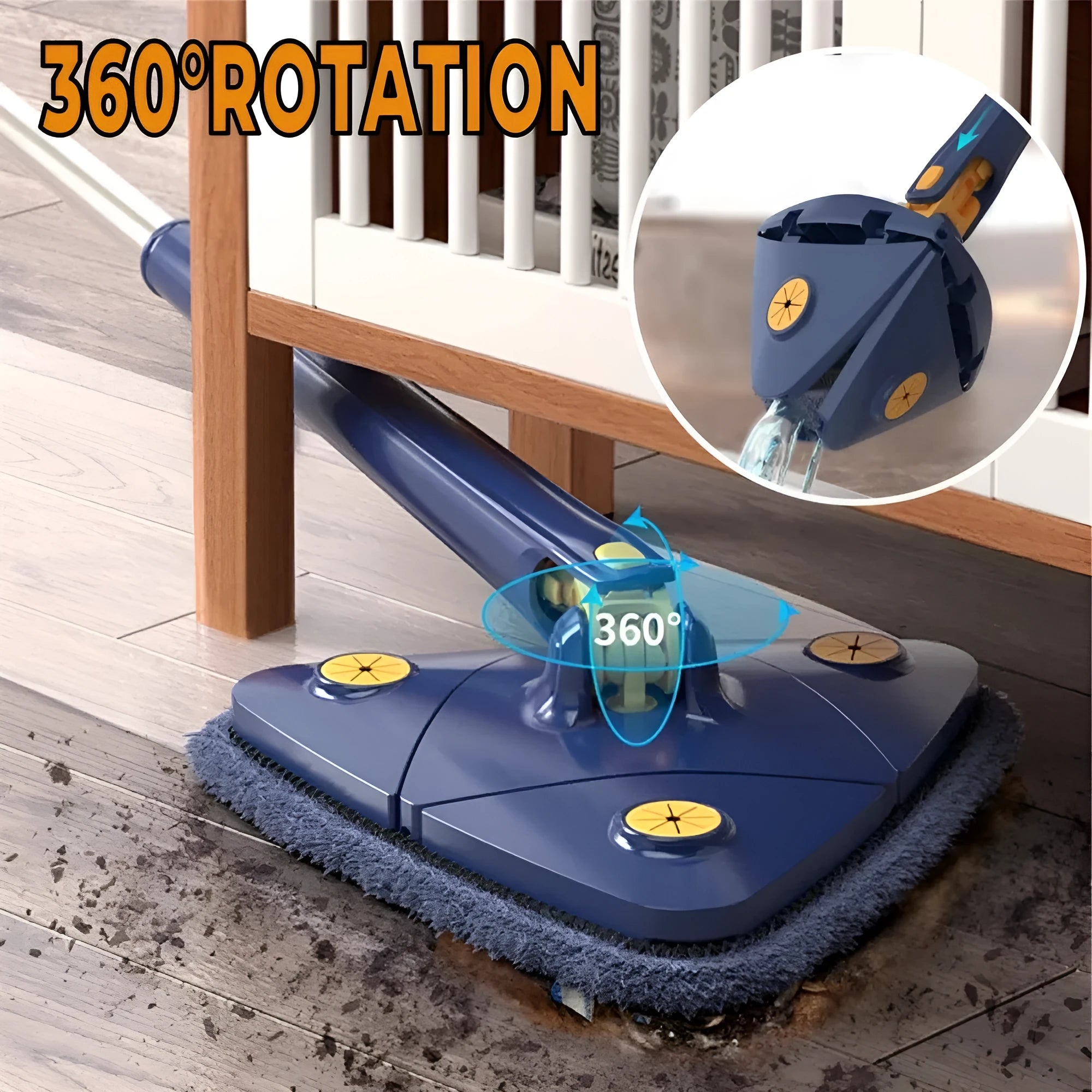 Blue extendable triangle mop with 360 rotating head and microfibre cloth for cleaning floors and walls