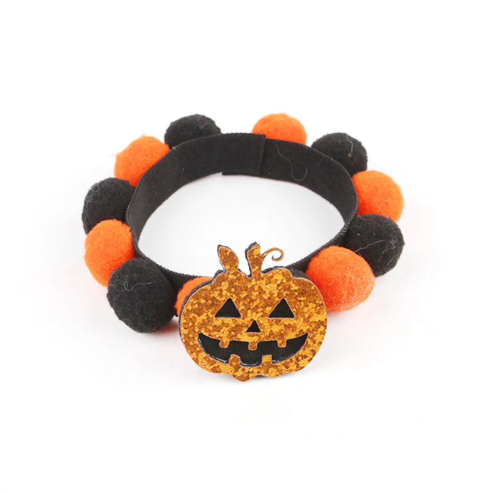 Halloween pet collar with fur ball decorations in pumpkin, bow, skull and witch designs