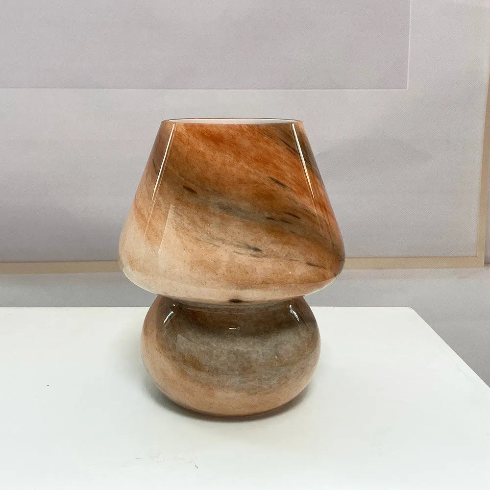 Handmade glass mushroom table lamp in Earth colour with E27 base on bedside table
