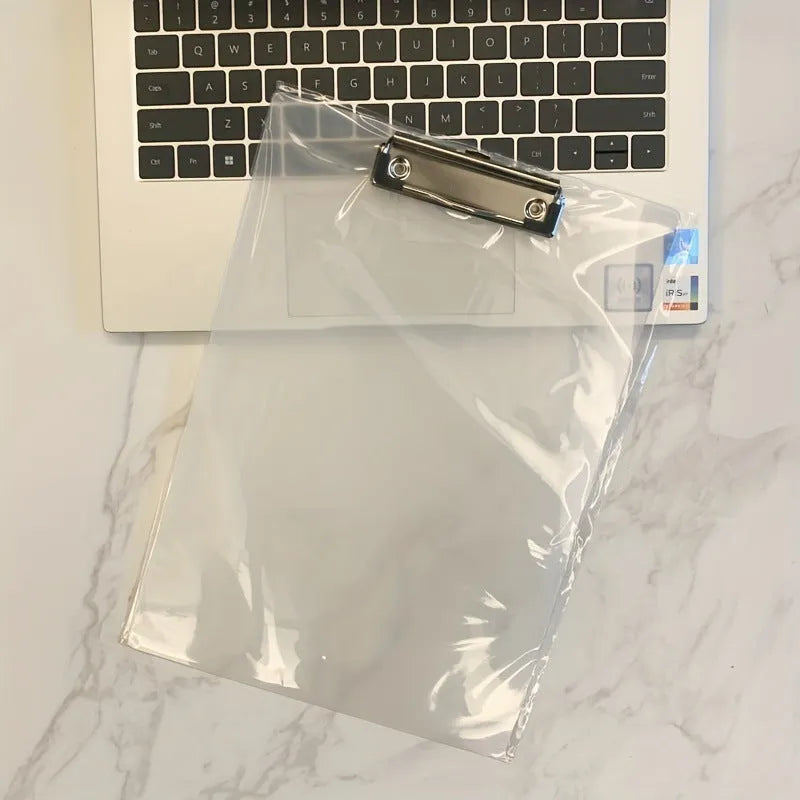 A4 transparent writing board pad with metal clip showing document display and writing surface