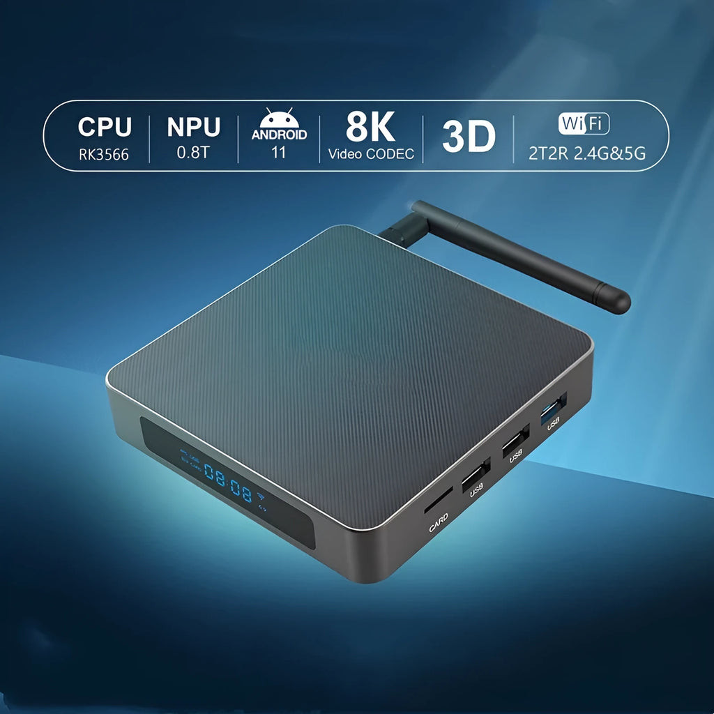 Black Android 8K TV set-top box with remote control, UK plug, and HDMI cable on a wooden surface.