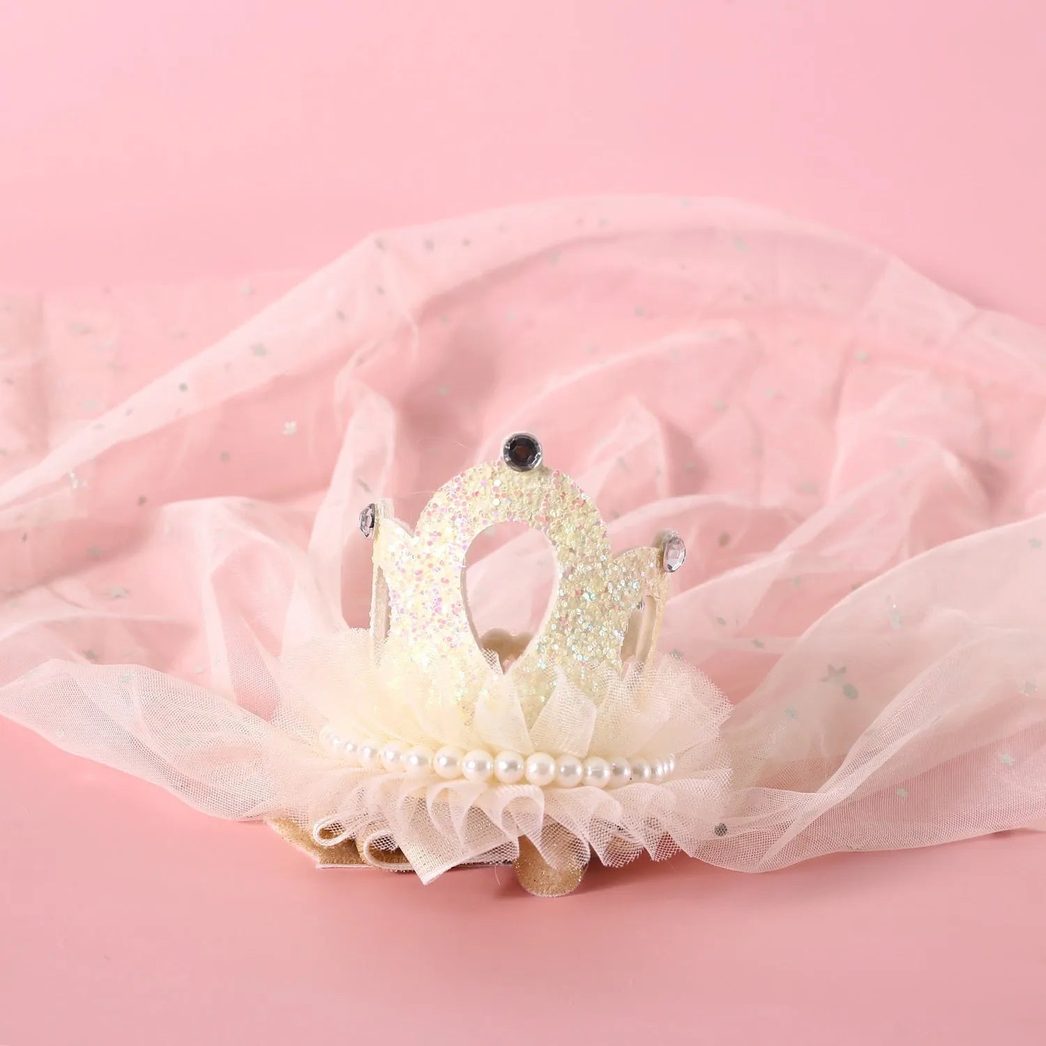 Princess crown headdress for cats with beige or pink veil options