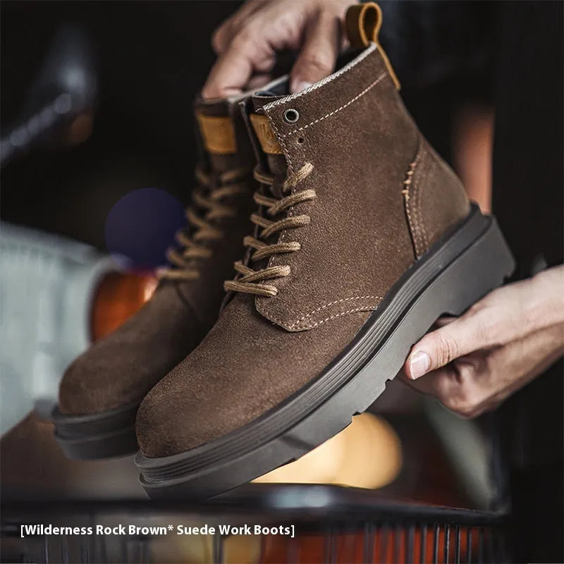 Men's rock brown cowhide platform Martin boots with middle high top, round toe and front lace-up, sizes 38-44