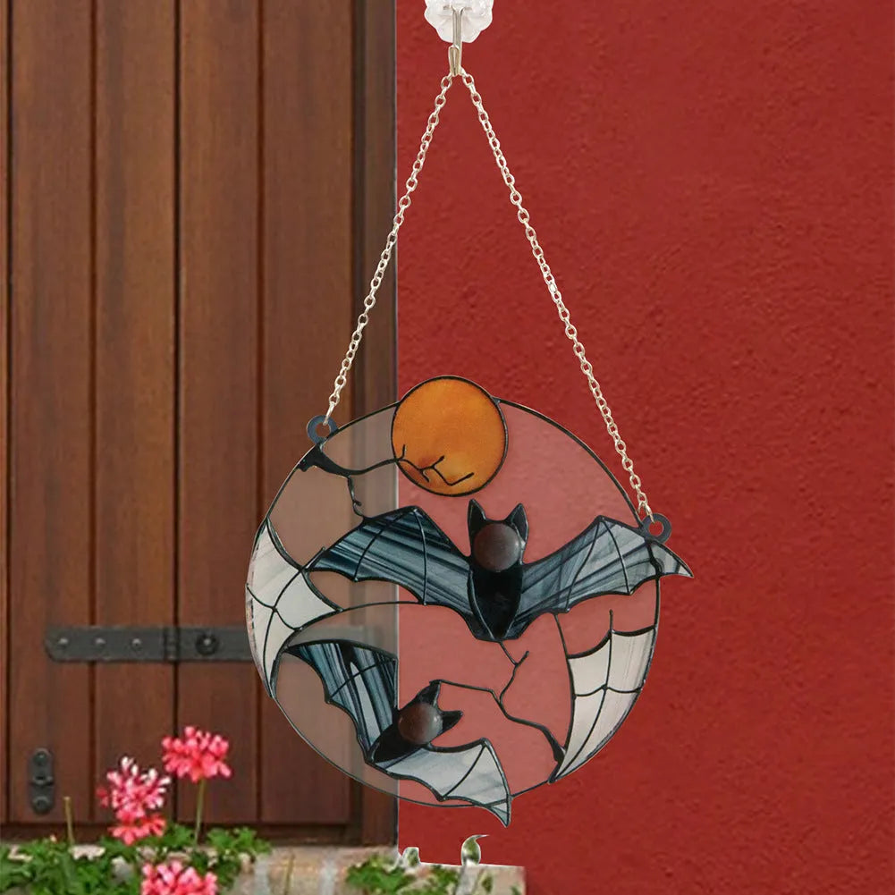 Moon bat decorative acrylic pendant with engraved and printed bat design on clear background, 15.3cm x 15cm