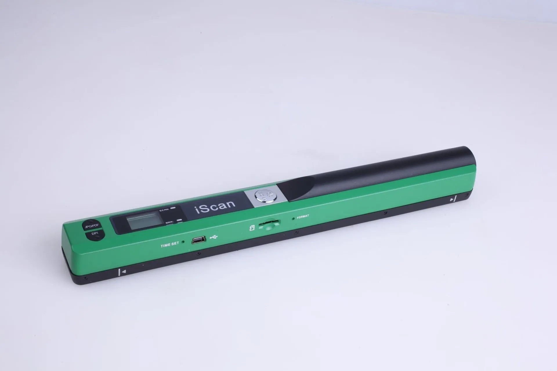 Handheld USB scanner in plastic housing shown in multiple colour options: black, blue, green, red, and silver.