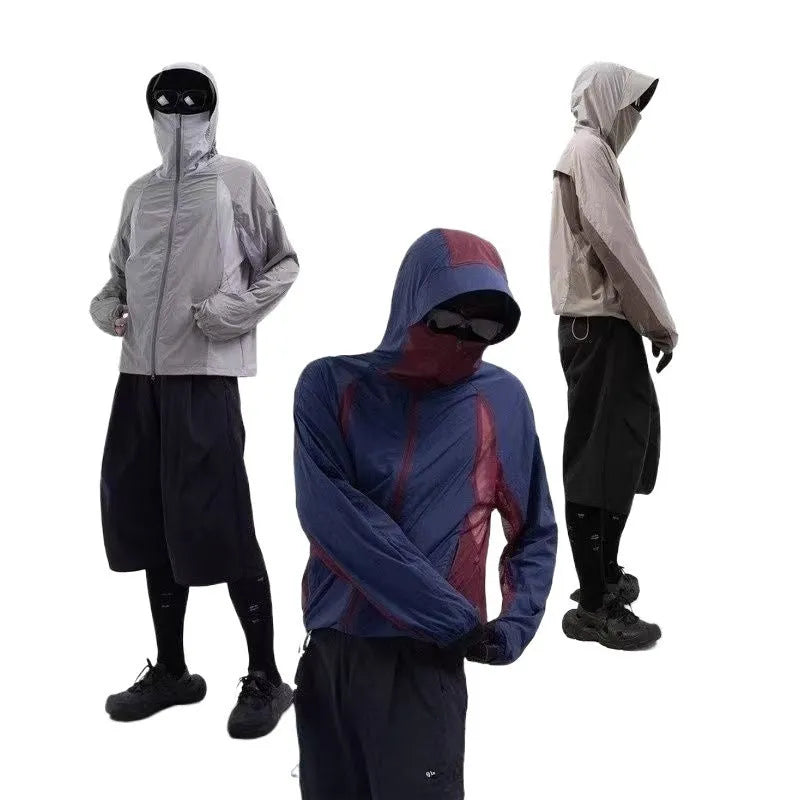 Mesh stitching thin nylon sun protective clothes shown in desert brown, light gray, red, and blue colours.