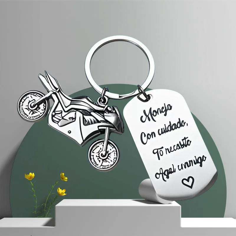 Stainless steel motorcycle key ring with modern design and protective flannel bag