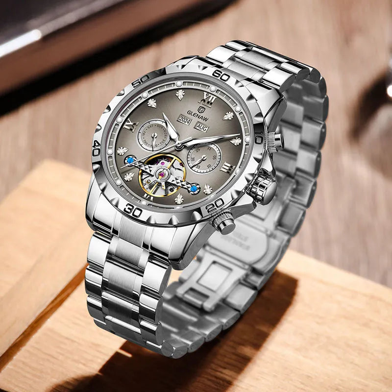Men's automatic mechanical watch with stainless steel strap showing multiple colour variations