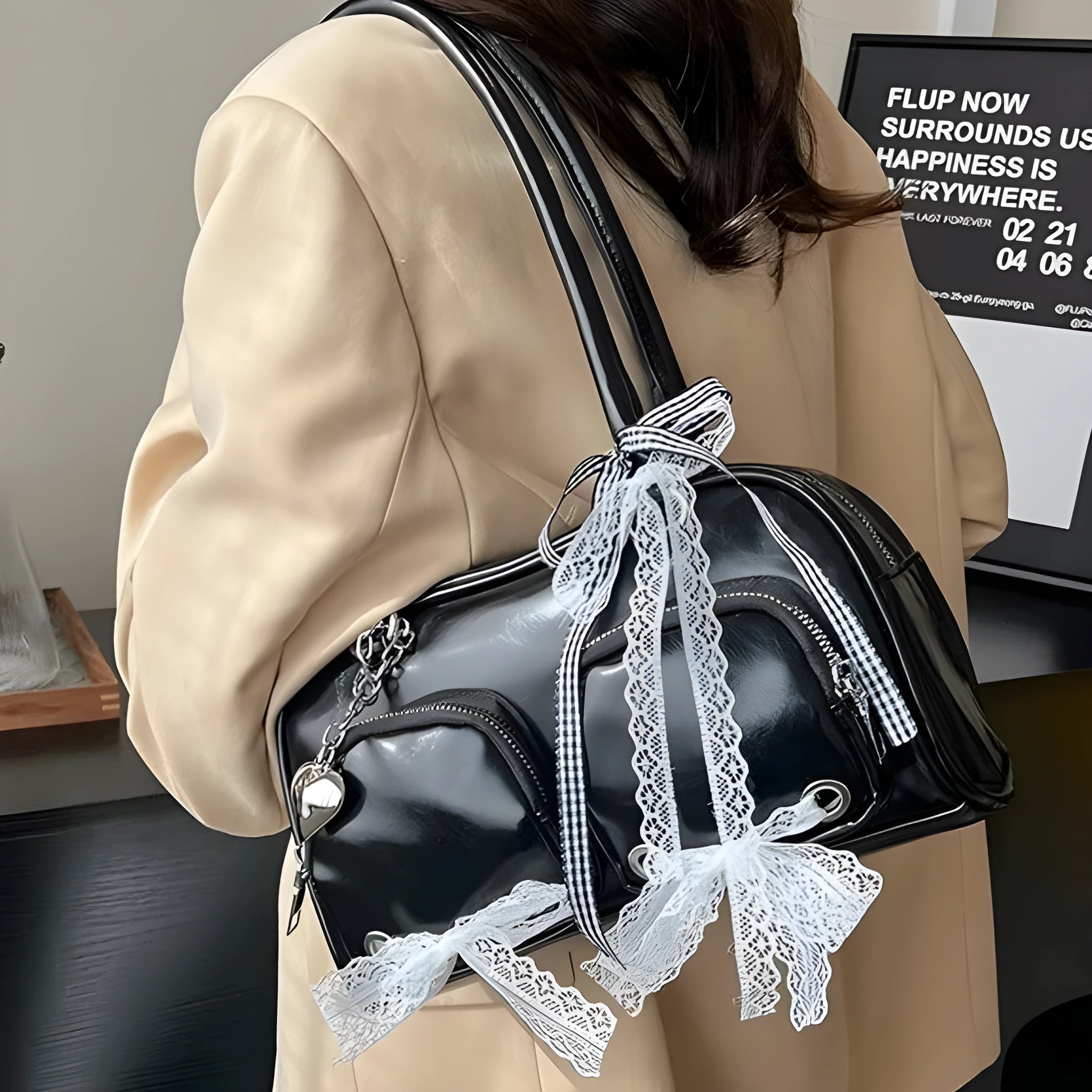 Soft PU leather casual shoulder bag in horizontal square shape with double straps and mobile phone compartment