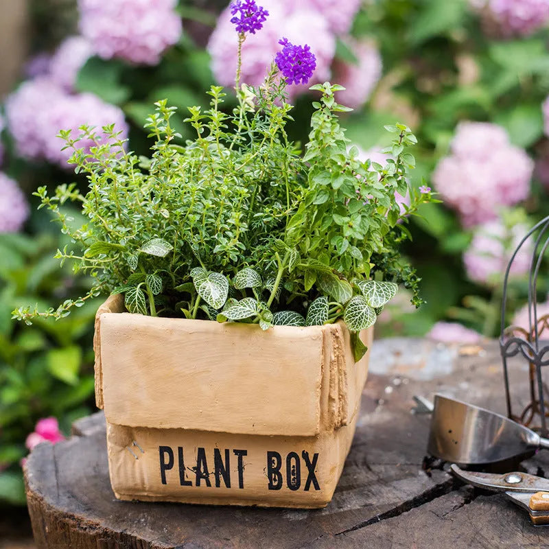 Cement brown paper box style flowerpot with angular sides and a perforated base on a floor.