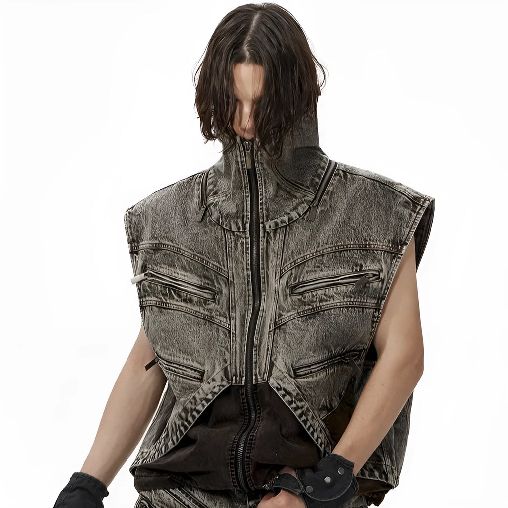 Men's two-tone splicing denim vest with front zip closure, sleeveless design