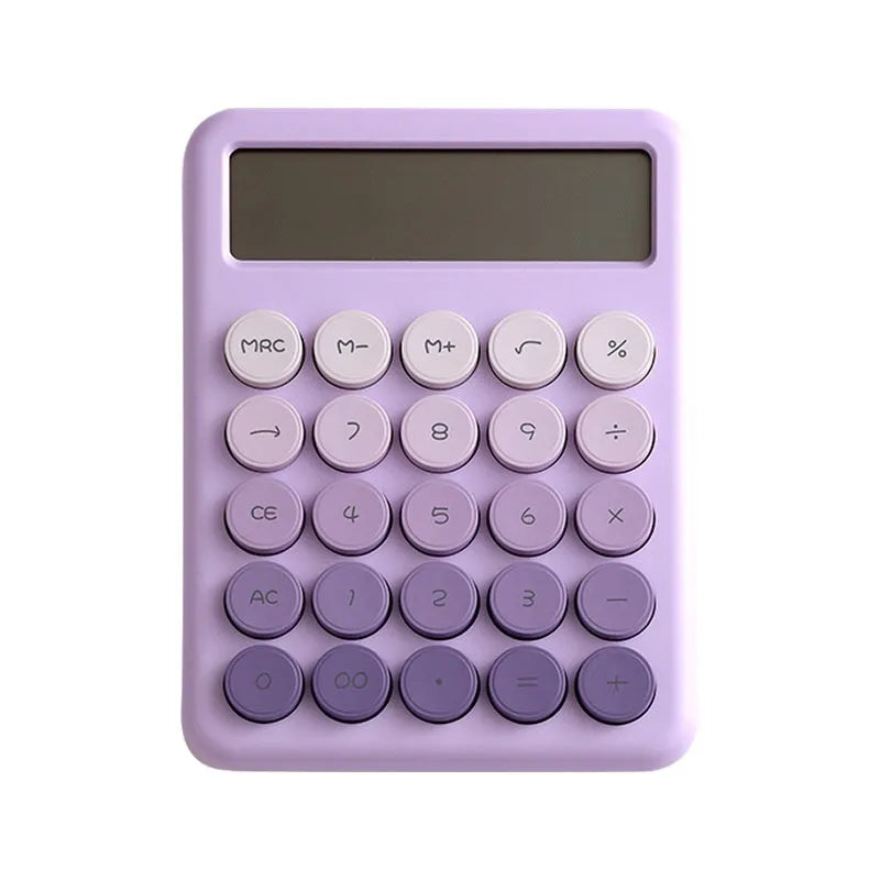 A gradient colour desk calculator on a desk, showing violet, mint green, blue, and pink colour options.