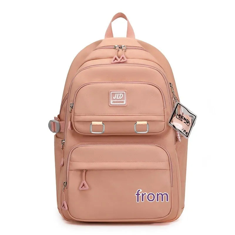 Girls large capacity nylon school backpack with anti-theft function and physiological curve back support