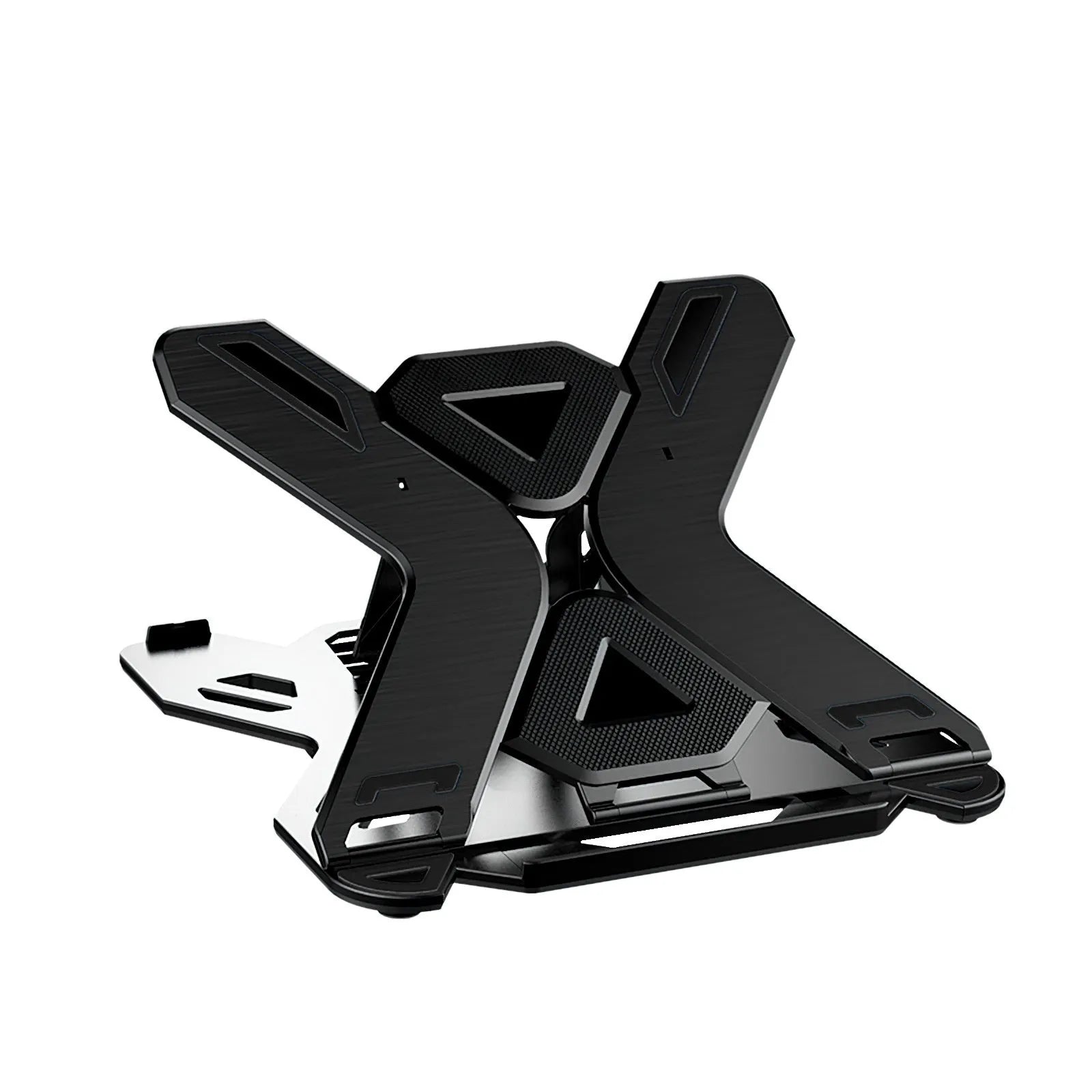 Black ABS plastic laptop cooling bracket stand on a wooden desk