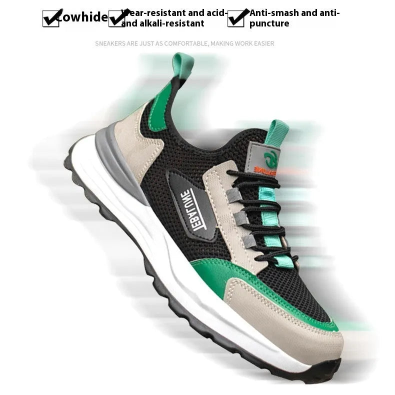 Black green low-cut safety shoes with mesh panels and plastic steel toe caps