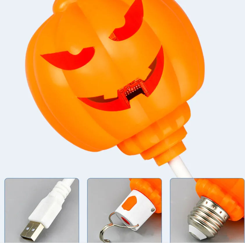 Plastic pumpkin lamp with USB cable, showing yellow and purple light options, scale shown against 8.3x22cm dimensions