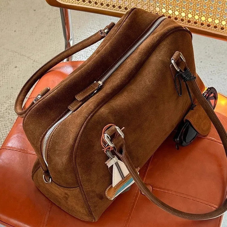 Brown suede large capacity underarm pillow bag with horizontal square shape and polyester lining