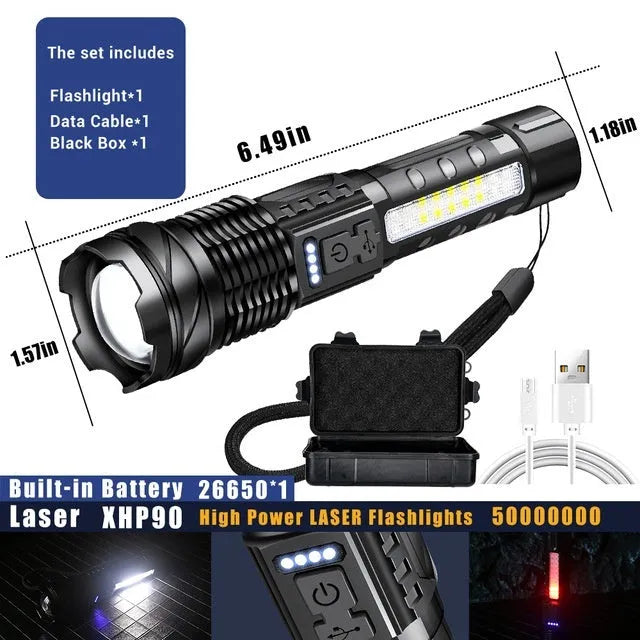 Aluminium alloy power torch with telescopic zoom, 30W output, A76 P50 lamp beads, and charging cable.