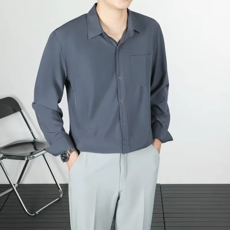 Korean-style linen long-sleeved shirt for men in loose fit, available in six solid colours including black and white