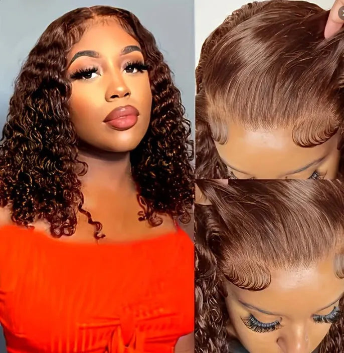 Women's front lace wig in long curly style with side bangs, small roll design, available in multiple colours and sizes
