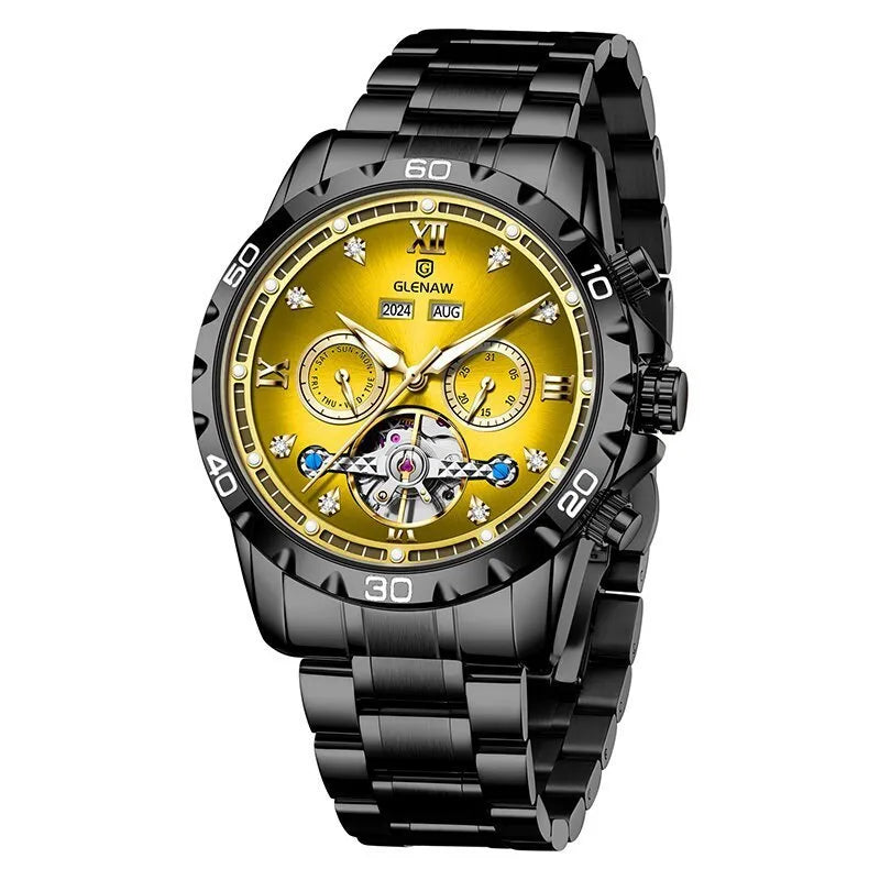 Men's automatic mechanical watch with metal case, stainless steel strap, and mineral glass face in business style