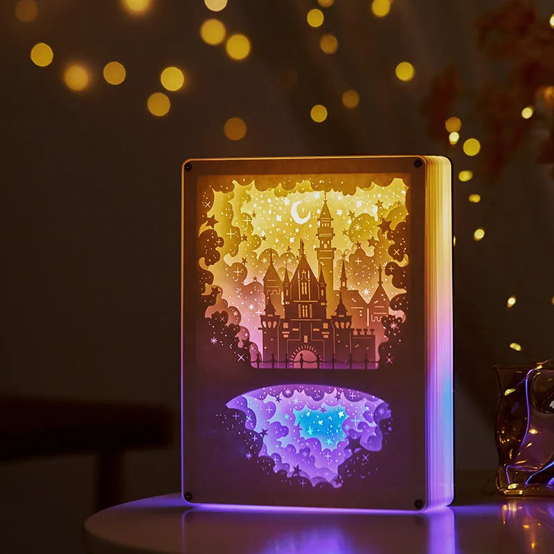 USB bedside night light with three-dimensional paper carving effect in plastic shade with remote control