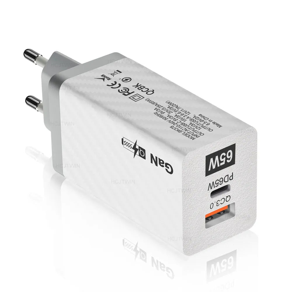 65W GaN laptop charger in white or black colour with compact 38x35mm dimensions