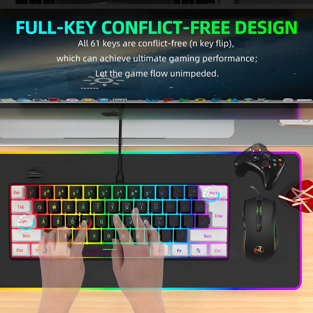 V700WB A869 white and black backlit gaming keyboard and mouse suit on a desk.
