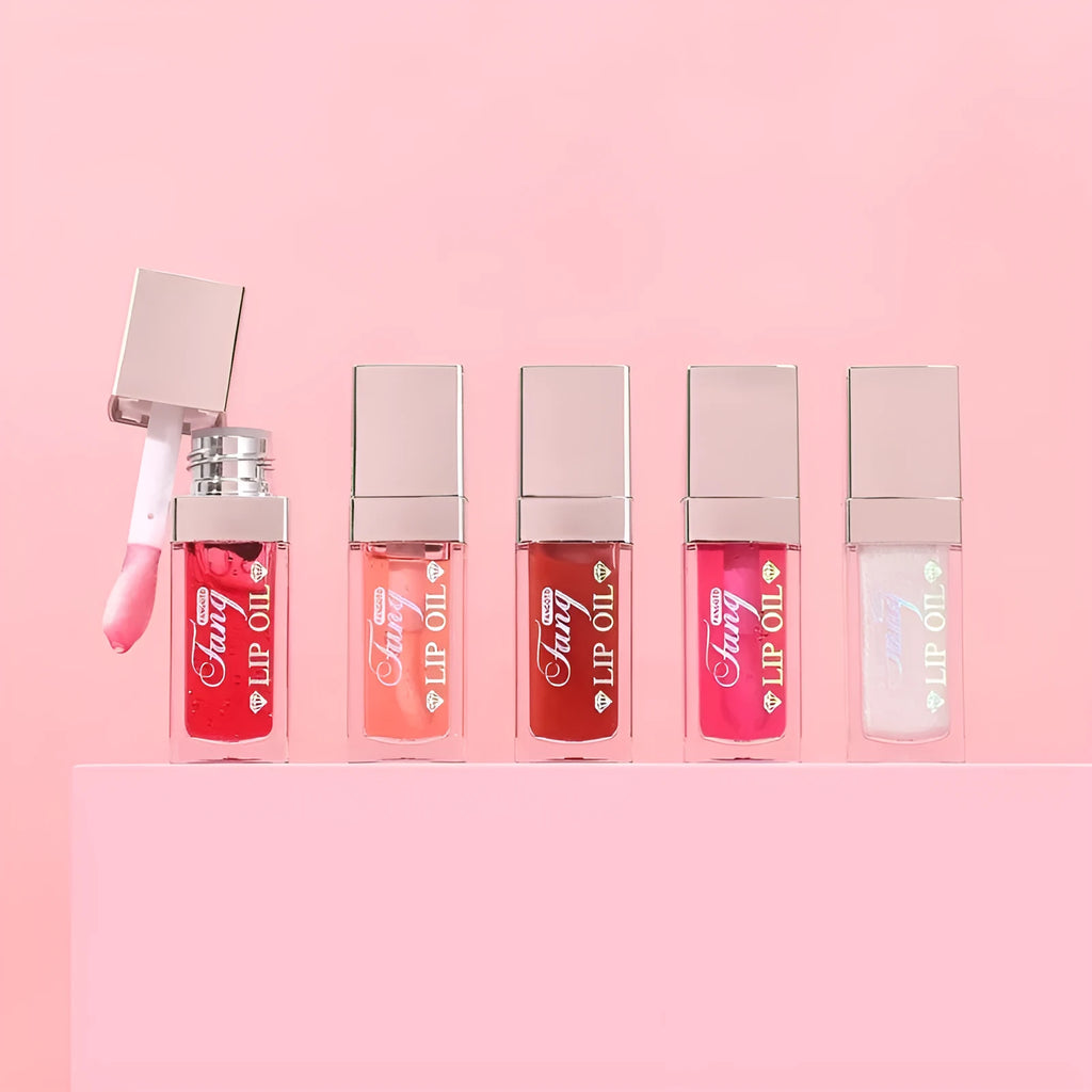 Five bright colour lip gloss lipstick tubes with moisturising essence oil including mint shade